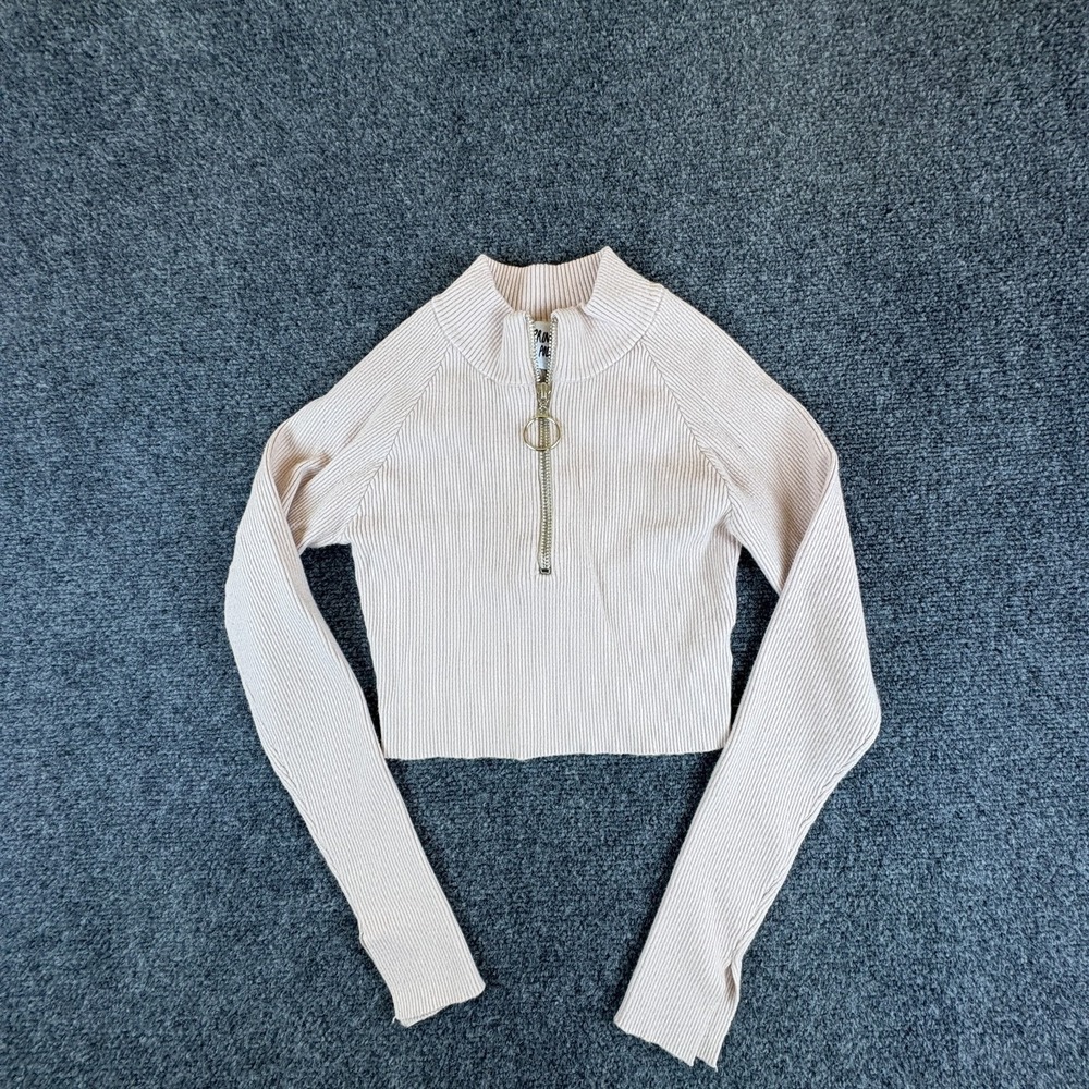 Princess Polly Sweater Womens S Beige Ribbed Knit 1/2 Zip Cropped Raglan Sleeve